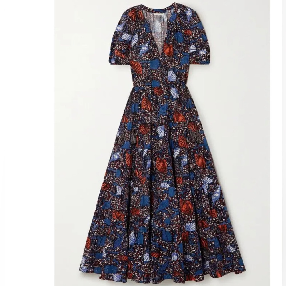 Ulla Johnson Navy Midi Dress with Blue and Rust Floral Print